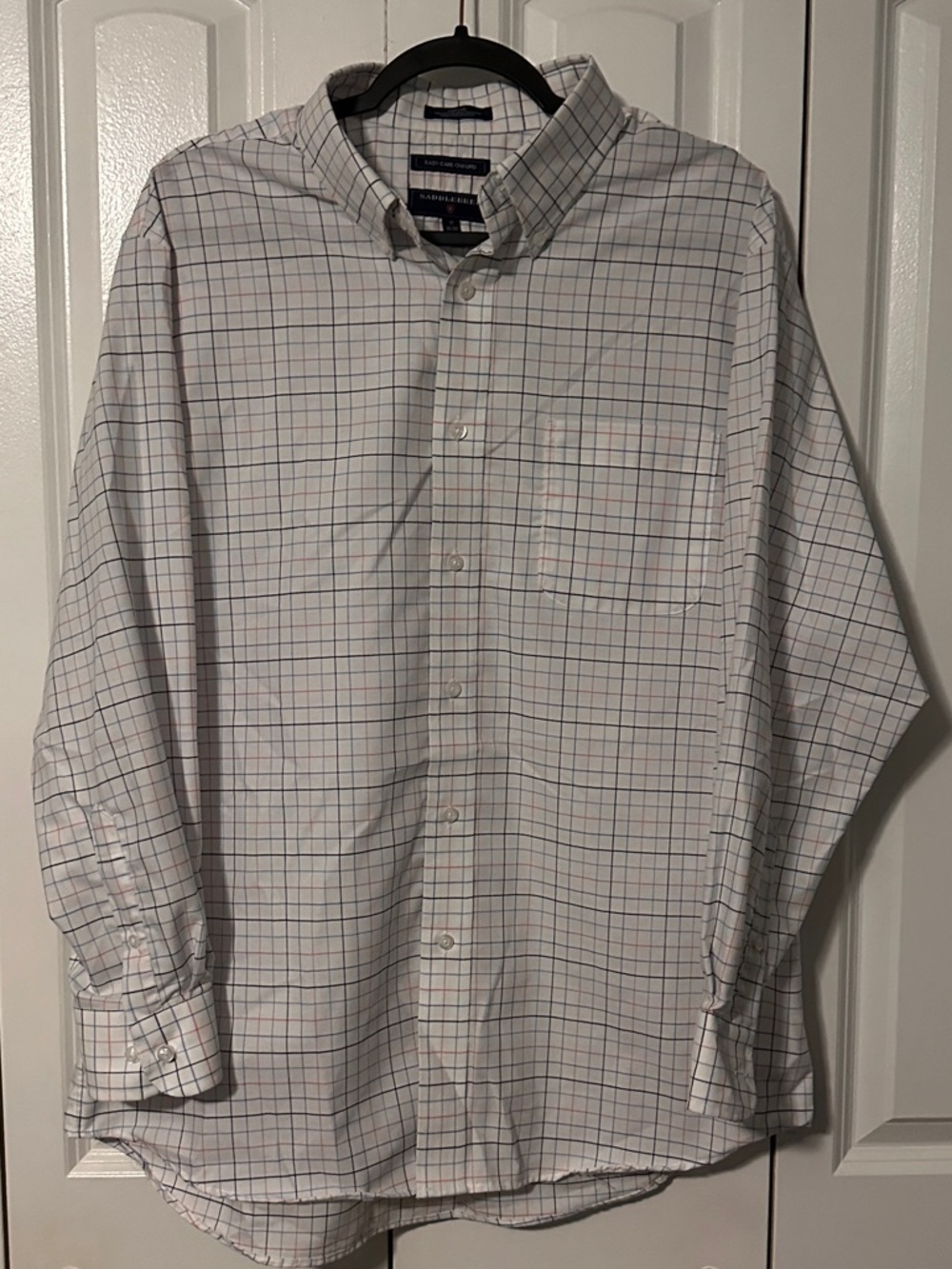Saddlebred White Plaid Button-Down Shirt with Blue and Pink Lines